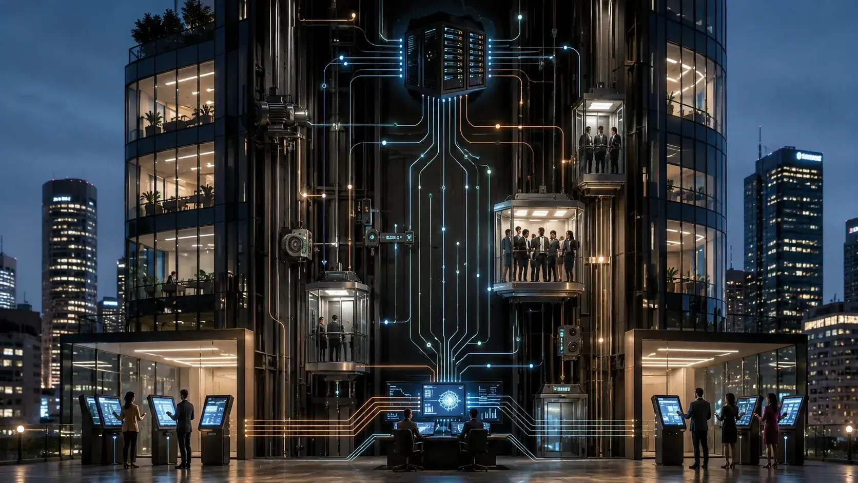 Smart elevator system using AI, destination dispatch technology, and building automation for efficient vertical transportation